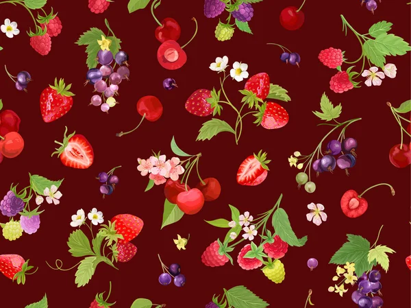워터 컬러 체리, 딸기, 라즈베리, 검정 곱슬곱슬 한 솔기 패턴. 여름 열매, 과일, 나뭇잎 — 스톡 벡터