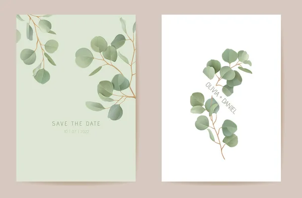 Bruiloft eucalyptus, groen blad takken bloemen Save the Date set. Vector exotische bladeren groen boho uitnodiging — Stockvector