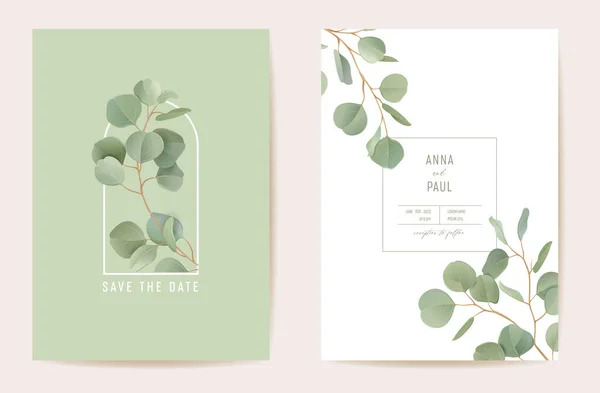 Casamento eucalipto, folhas verdes ramos florais Save the Date set. Vetor realista deixa cartão boho verde — Vetor de Stock