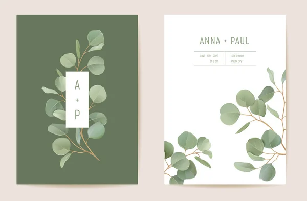 Realistische botanische bruiloft uitnodiging kaart sjabloon ontwerp, bladeren groen frame set — Stockvector