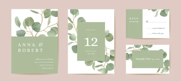 Bruiloft realistische eucalyptus, groene bladtakken bloemen Save the Date set. Vector verlaat groen boho kaart — Stockvector