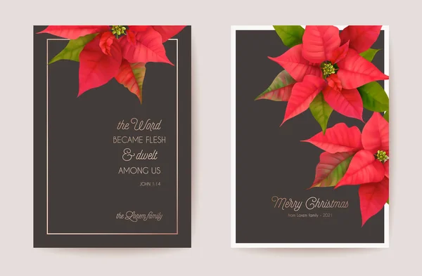 Set von eleganten Frohe Weihnachten und Neujahr Karte mit Weihnachtsstern Realistische Blumen, Blumenkranz — Stockvektor