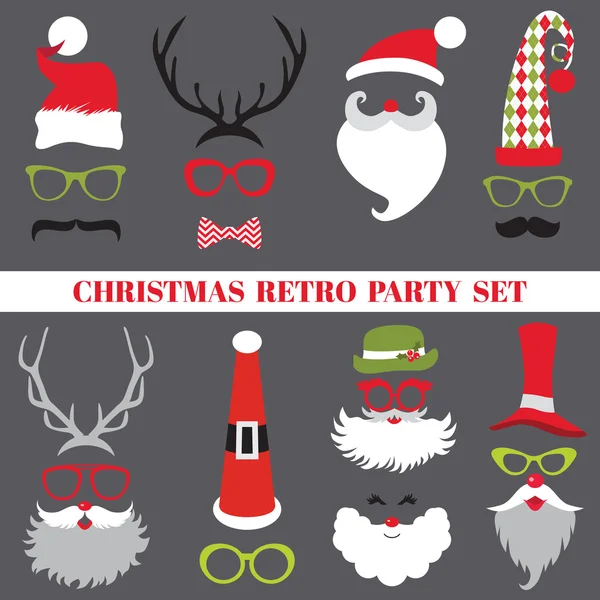 Christmas Retro Party set - Glasses, hats, lips, mustaches — Stock Vector