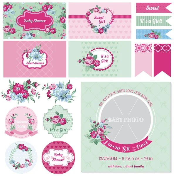 Scrapbook designelement - baby shower blomtema - i vector — Stock vektor