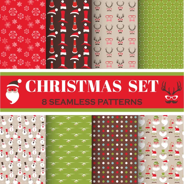 Christmas Retro Set - 8 seamless patterns — Stock Vector