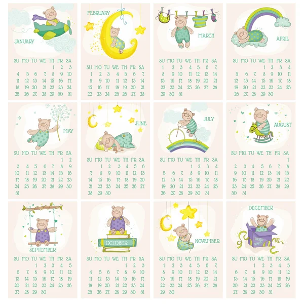 クマの赤ちゃんカレンダー 2015 — ストックベクタ