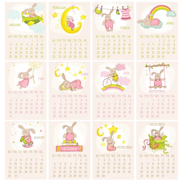 Baby Bunny Calendar 2015 - week starts with Sunday - in vector — Stock Vector