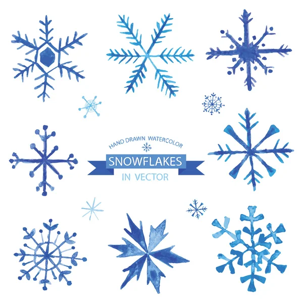 Ensemble de flocons de neige - dessinés à la main à l'aquarelle - vecteur — Image vectorielle