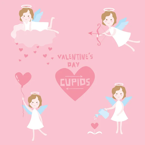 Set de San Valentín - Ángeles Cupidos con Corazones - en vector — Vector de stock