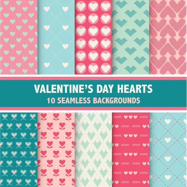 San Valentino Cuore Patterns - 10 Sfondi senza soluzione di continuità — Vettoriale Stock