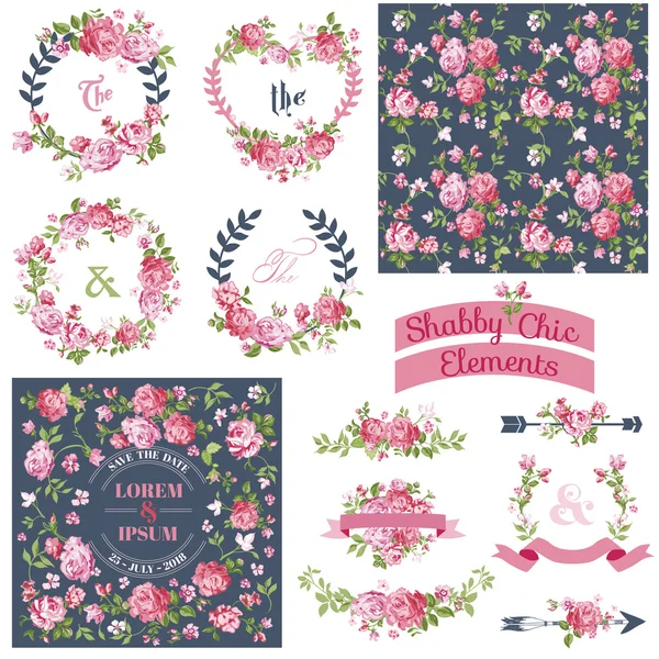 Ensemble floral vintage - Cadres, Rubans, Fond — Image vectorielle