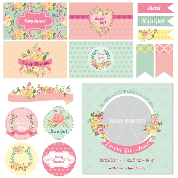 Scrapbook designelement - baby shower blomtema - i vector — Stock vektor