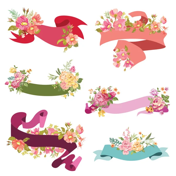 Floral Ribbon Banners - for wedding cards, scrapbook and design — Stock Vector