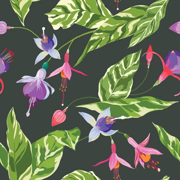 열 대 꽃과 나뭇잎 배경-빈티지 원활한 패턴 — 스톡 벡터