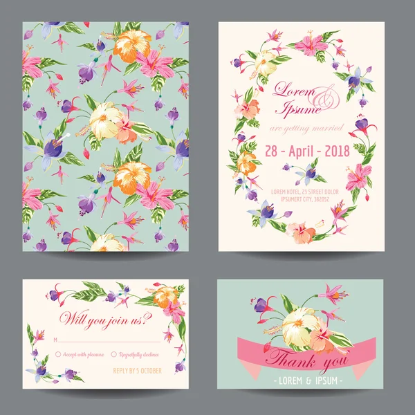 Ensemble de cartes d'invitation et de félicitations pour mariage, douche de bébé — Image vectorielle