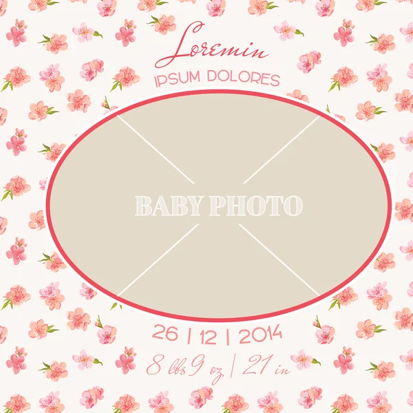 Baby Arrival Card - with Photo Frame and Floral Blossom Design — Stock Vector