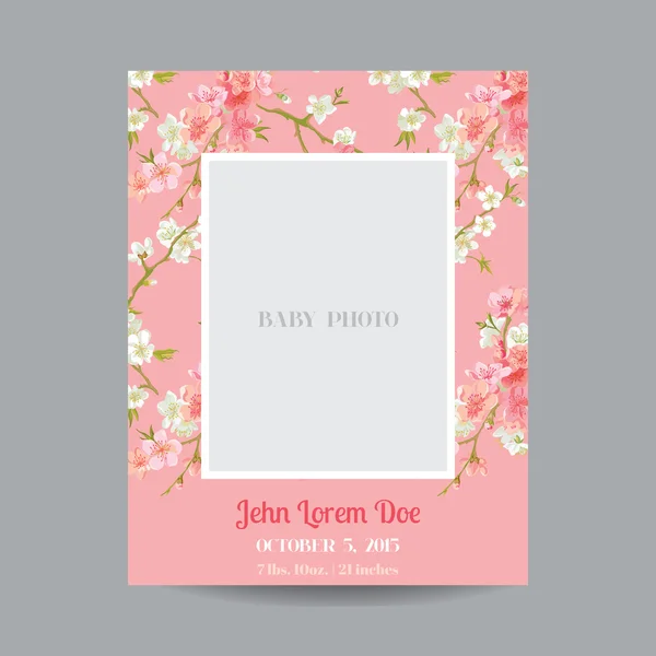 Tarjeta de llegada o ducha para bebés - con marco de fotos y flor floral — Vector de stock