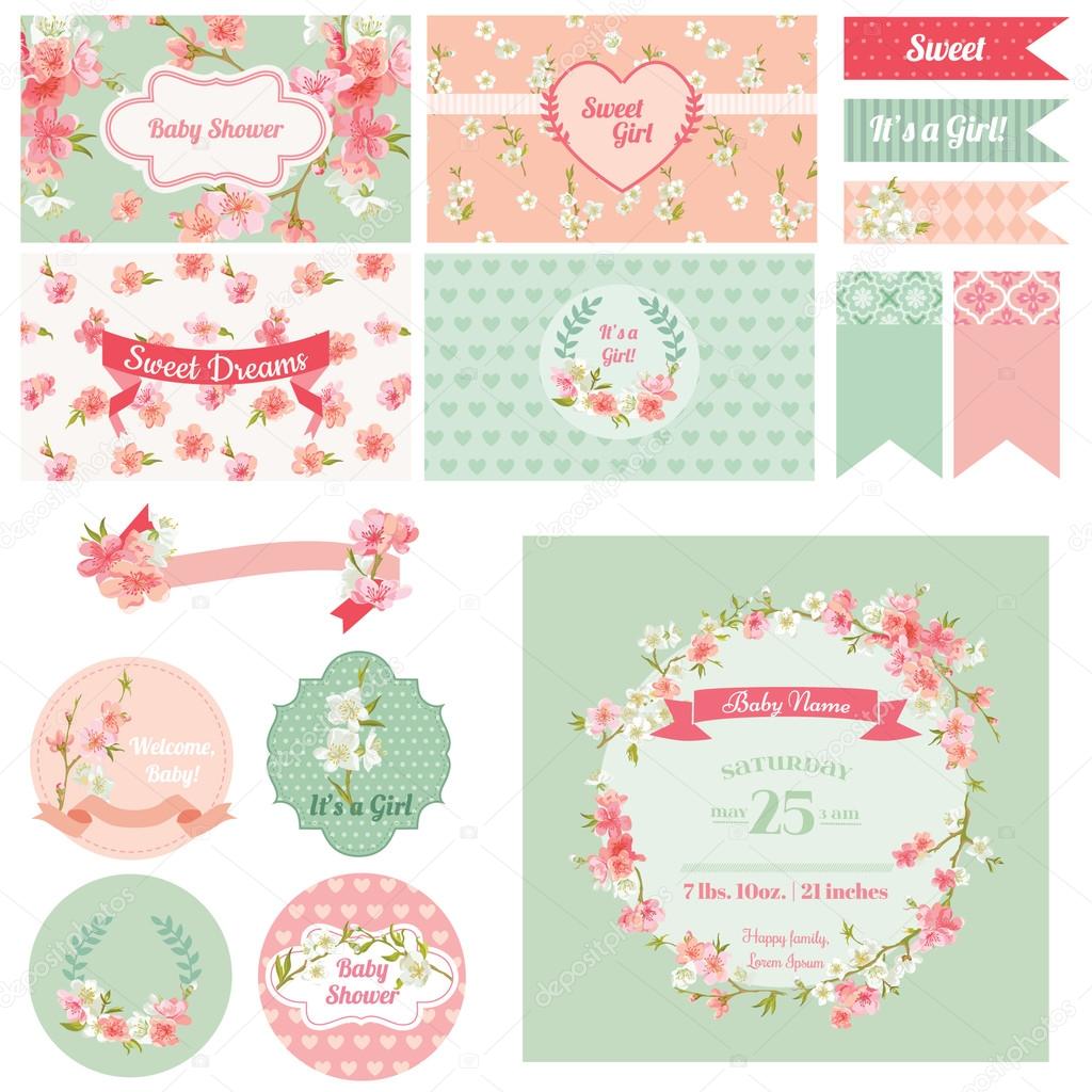 Scrapbook Design Elements Baby Shower Flower Theme in vector Stock