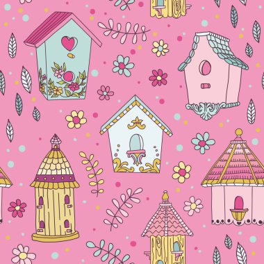 Sevimli kuş evi - Dikişsiz desen - vektör arka plan
