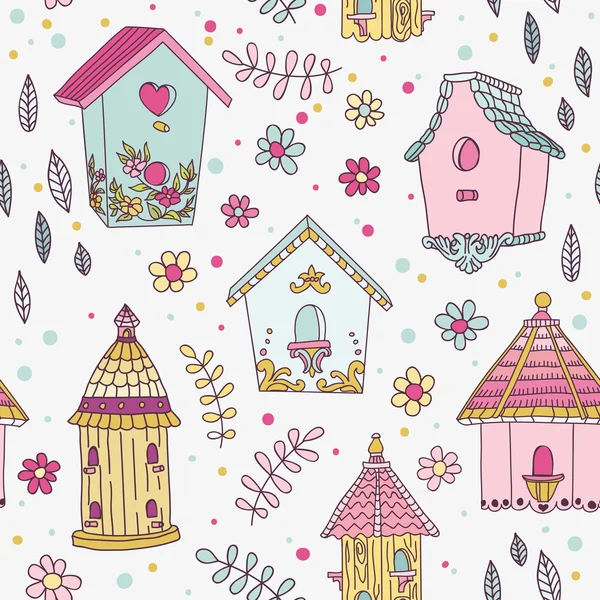 Cute Bird House Background - Seamless Pattern - in vector — Stock Vector