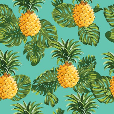 Pinapples ve tropikal yaprak arka plan-Vintage Seamless Modeli