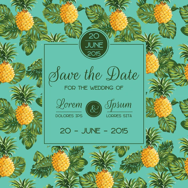 Salvar a data - Cartão de convite de casamento - com abacaxis retro — Vetor de Stock