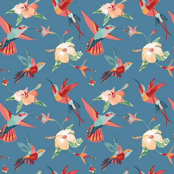 Hummingbird en tropische achtergrond - Retro naadloze patroon — Stockvector