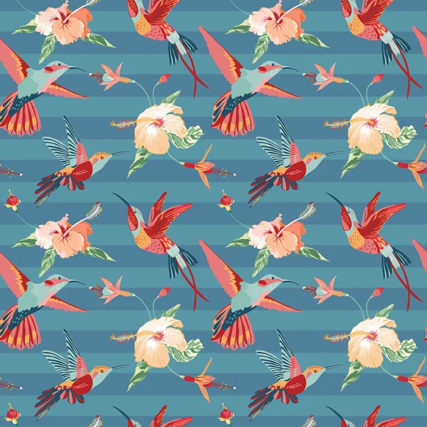 Hummingbird and Tropical Background - Retro seamless pattern — Stock Vector