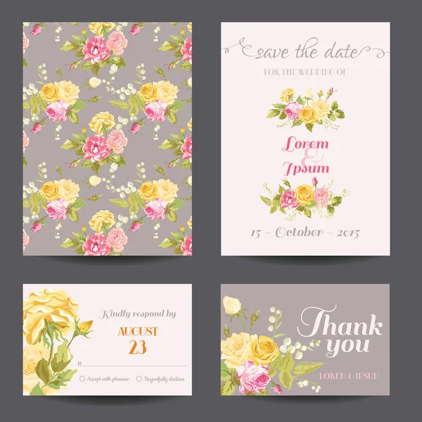 Conjunto de tarjetas de flores de invitación - Guardar la fecha - para bodas, baby shower — Archivo Imágenes Vectoriales