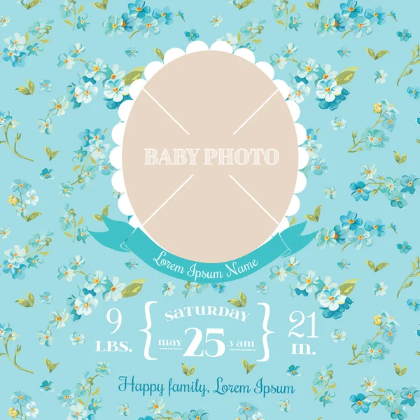 Bebek varış kartı - fotoğraf çerçevesi ve çiçek çiçek tasarım — Stok Vektör