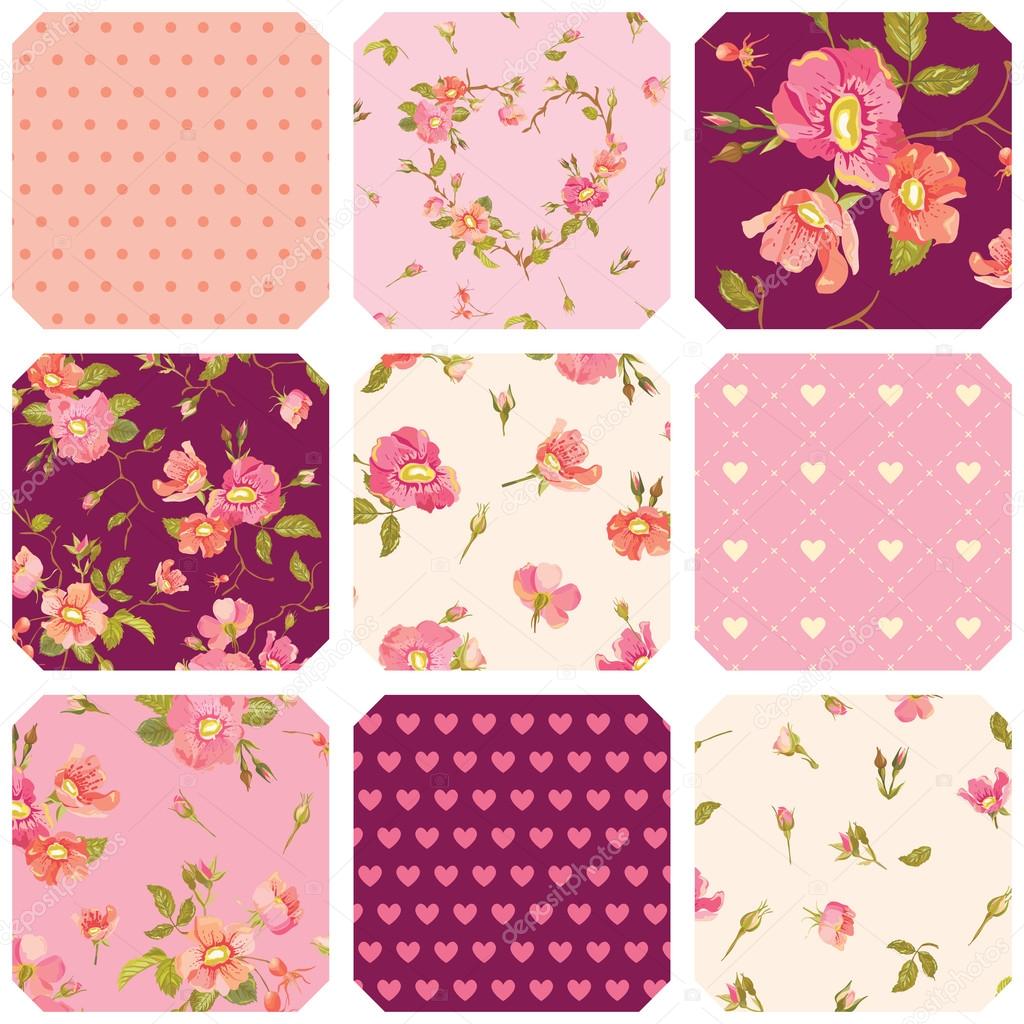 Patchwork with Roses Background - Seamless Floral Shabby Chic Pattern