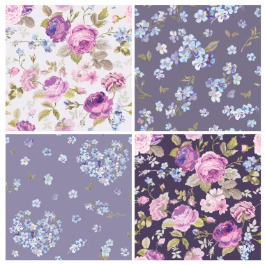 Set of Spring Flowers Backgrounds - Seamless Floral Shabby Chic Pattern clipart