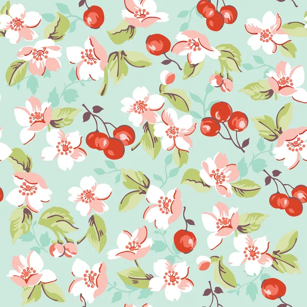 Vintage Floral en Cherry achtergrond - naadloos patroon — Stockvector