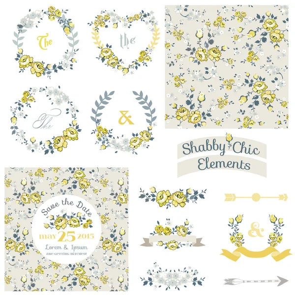 Vintage floral set - frames, linten, achtergronden — Stockvector