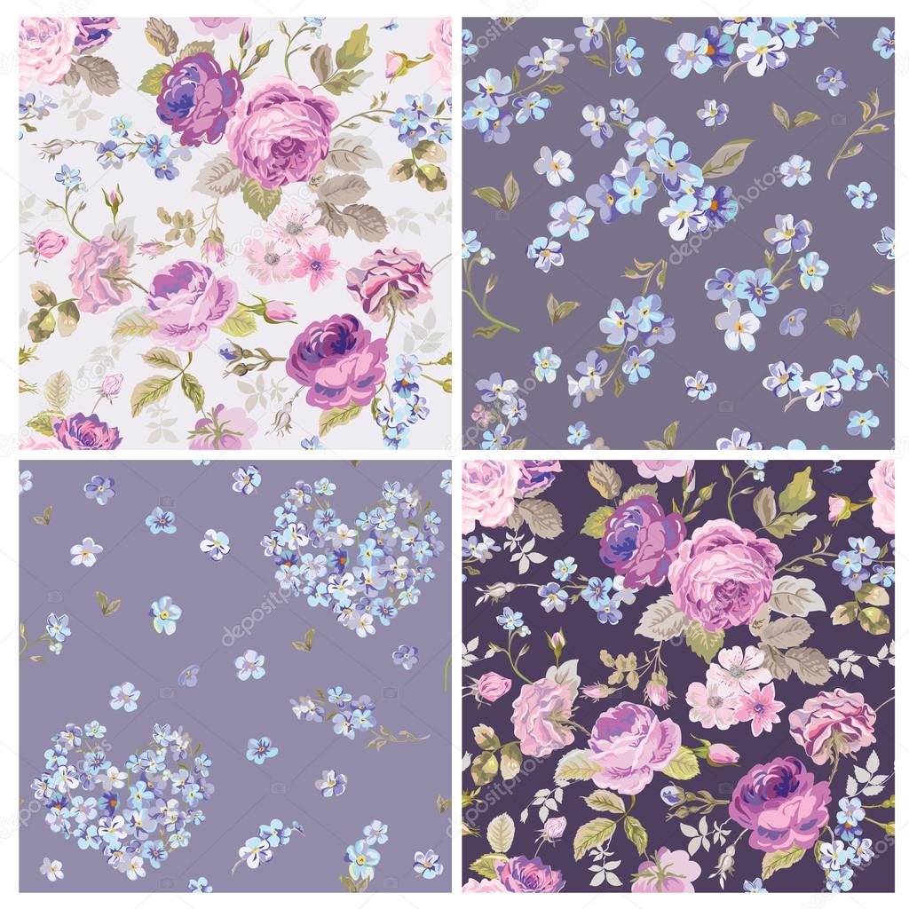 Set of Spring Flowers Backgrounds - Seamless Floral Shabby Chic Pattern