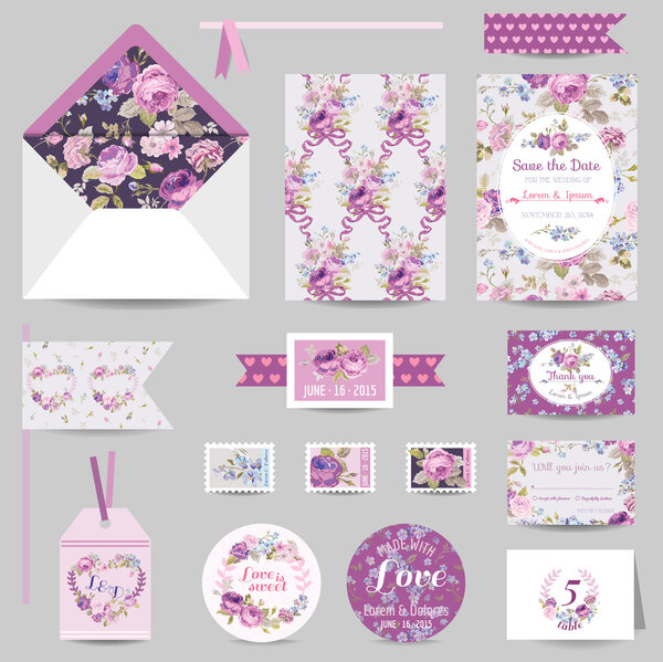 Set of Wedding Stationary - Invitation Card, Save the Date, RSVP