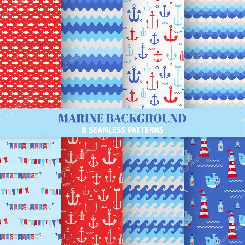 Set of Marine Backgrounds - Seamless Sea Time Pattern - in vector