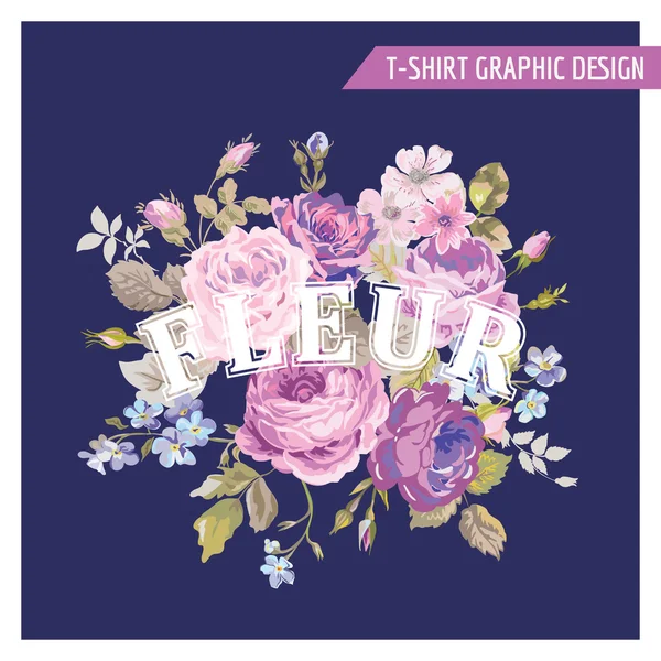 Квітковий Shabby Chic Graphic Design - для футболок, моди, принтів — стоковий вектор