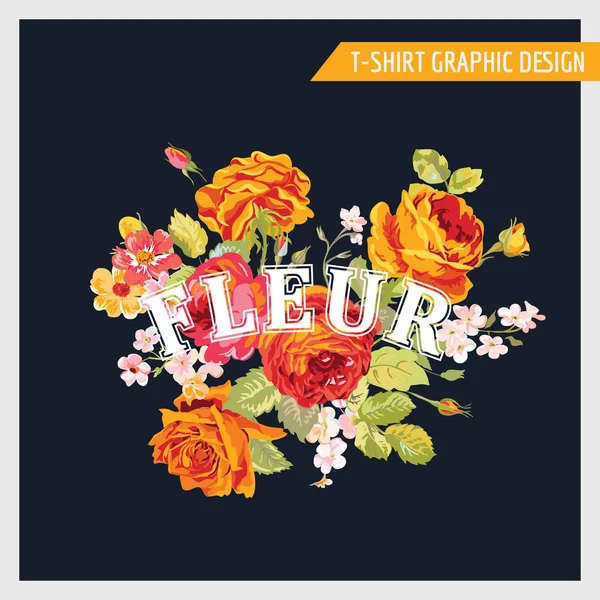 Diseño Gráfico Floral Shabby Chic - para camisetas, moda, estampados — Vector de stock