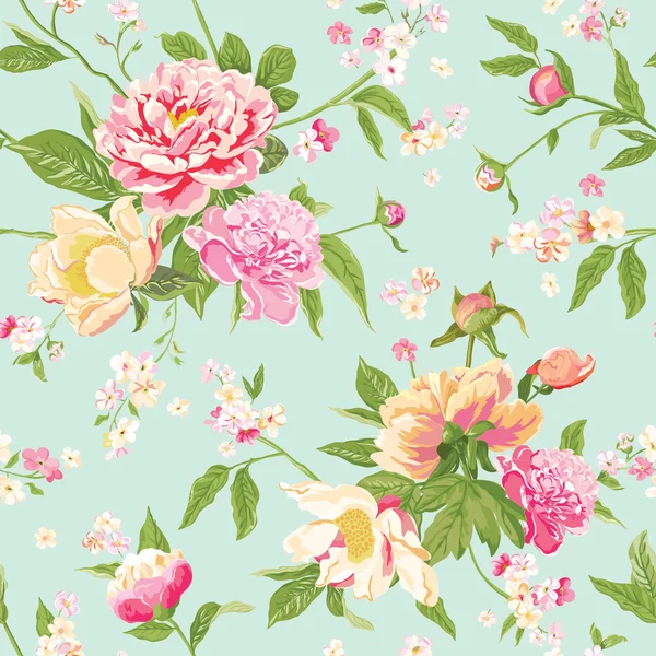 Vintage Peony Flowers Background - Seamless Floral Shabby Chic Pattern — Stock Vector