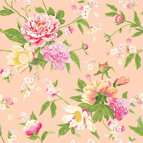 Vintage Peony Flowers Background - Seamless Floral Shabby Chic Pattern — Stock Vector