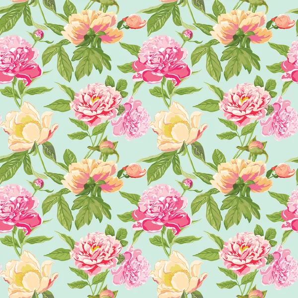 Vintage Peonia fiori sfondo senza soluzione di continuità floreale Shabby Chic Pattern — Vettoriale Stock