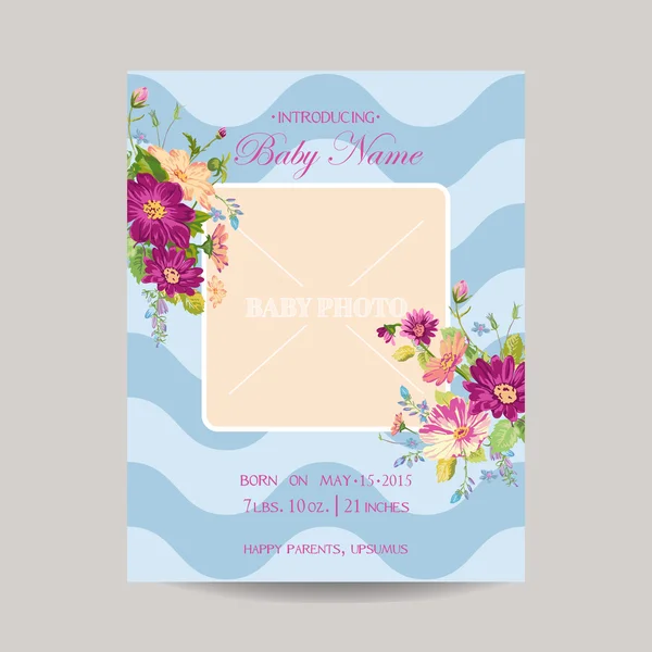 Baby ankomst-kort med foto ram - Blossom blommor tema — Stock vektor