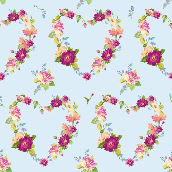Våren hjärtan blommor bakgrunder - sömlösa Shabby Chic blommönster — Stock vektor