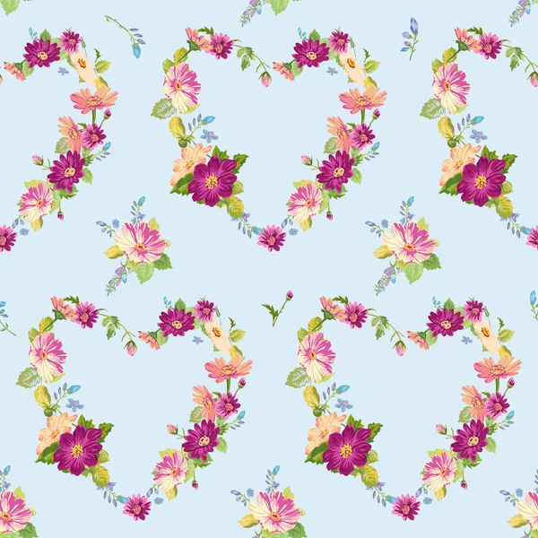 Cuori primaverili Fiori Sfondi senza soluzione di continuità floreale Shabby Chic Pattern — Vettoriale Stock