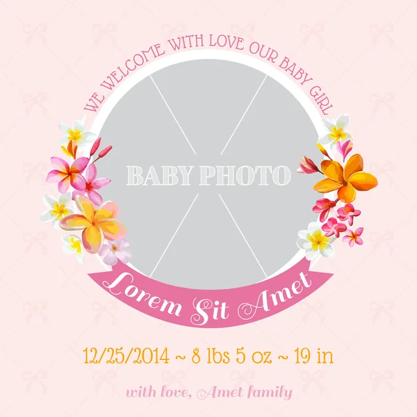 Baby Arrival Card - with Photo Frame and Floral Blossom Design — Stock Vector