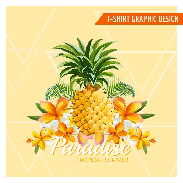 Tropical Flowers and Pineapple Graphic Design - for t-shirt, fashion — Stockvector