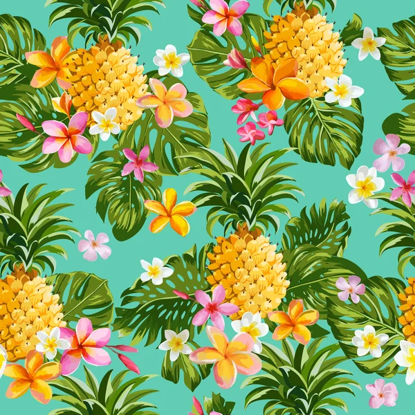 Pinapples and Tropical Flowers Background -Vintage Seamless Pattern — Stock Vector