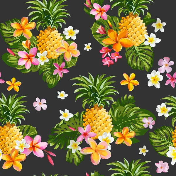 Pinapples and Tropical Flowers Background -Vintage Seamless Pattern — Stock vektor