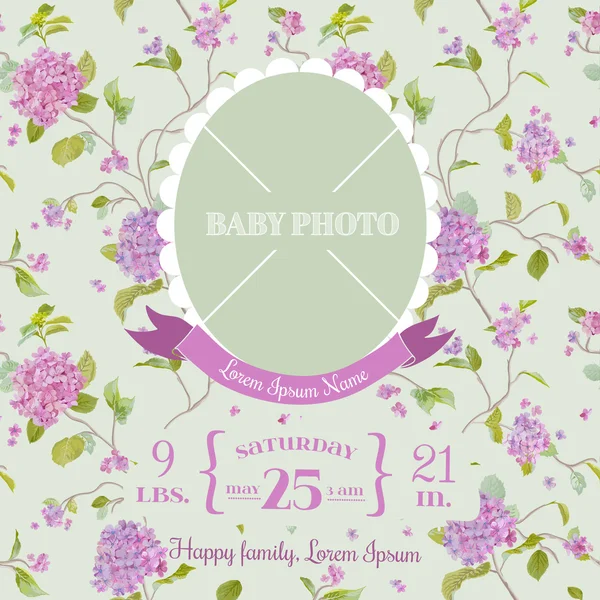 Baby příjezdu karta - fotorámeček a květinové květy designu — Stockový vektor